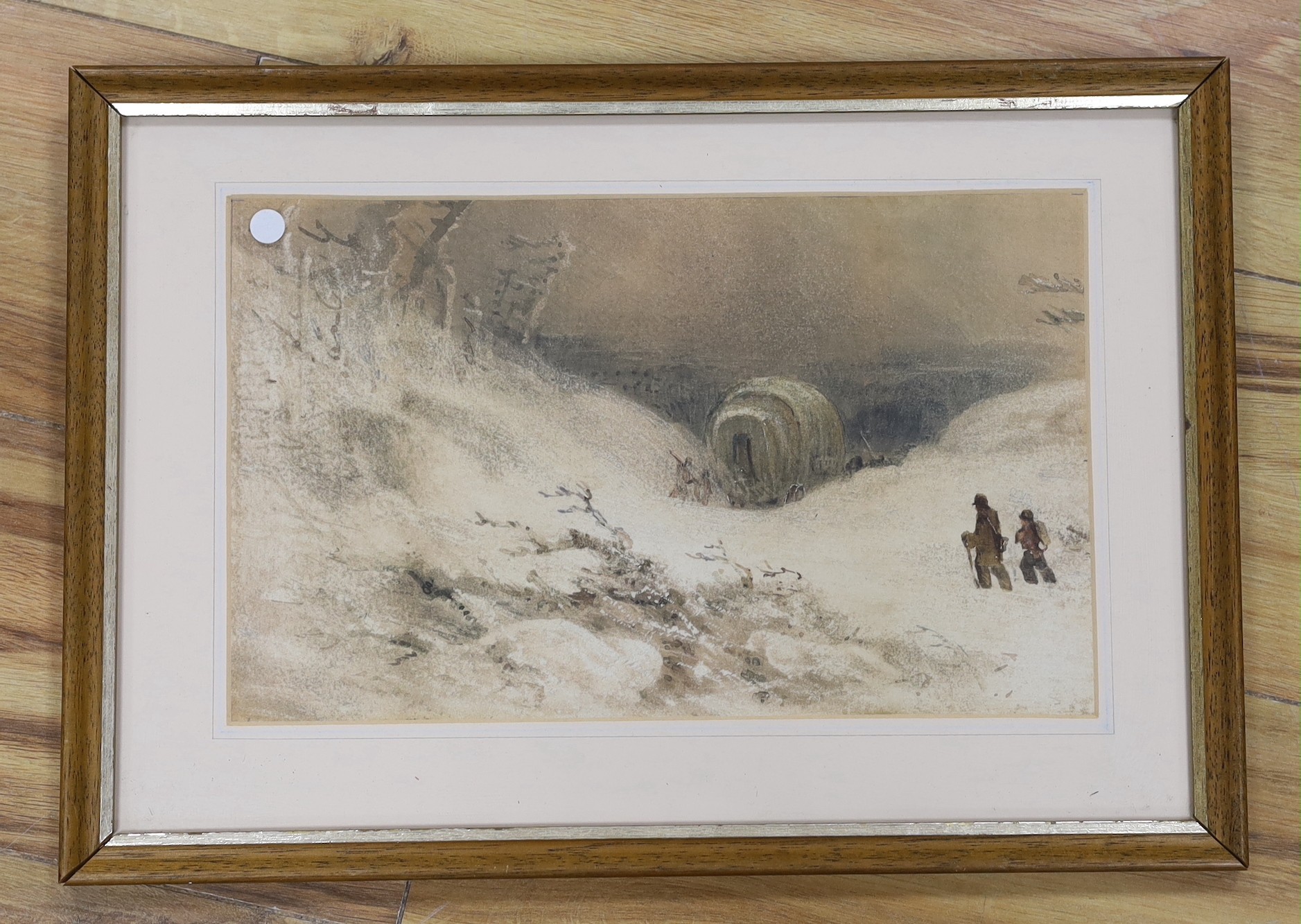19th century English School, watercolour, Travellers in a winter landscape, 20 x 32cm
